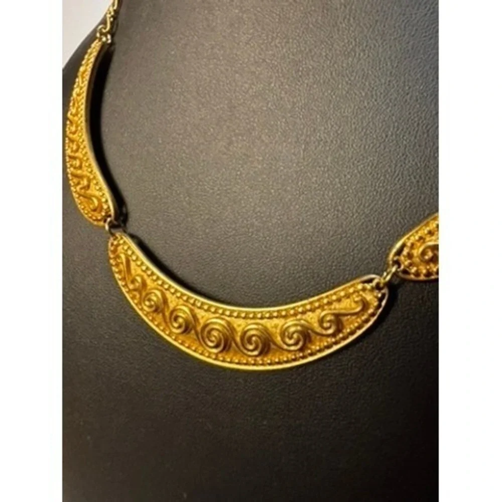 Vintage Gold Bib‎ Necklace Scrollwork Statement Jewelry Greek Revival
